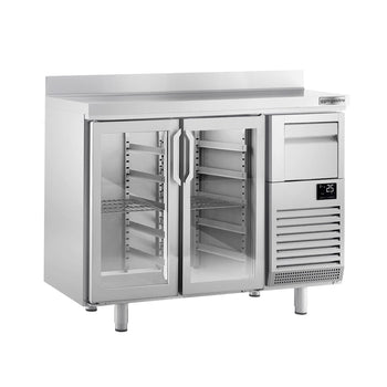 Stół chłodniczy barowy do napojów Premium PLUS - 1470 x 600 mm - z 2 szklanymi drzwiami, panelem tylnym & kołatką do kawy - Prime Gastro