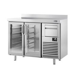 Stół chłodniczy barowy do napojów Premium PLUS - 1470 x 600 mm - z 2 szklanymi drzwiami, panelem tylnym & kołatką do kawy