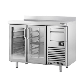 Stół chłodniczy barowy do napojów Premium PLUS - 1470 x 600 mm - z 2 szklanymi drzwiami, panelem tylnym & kołatką do kawy - Prime Gastro