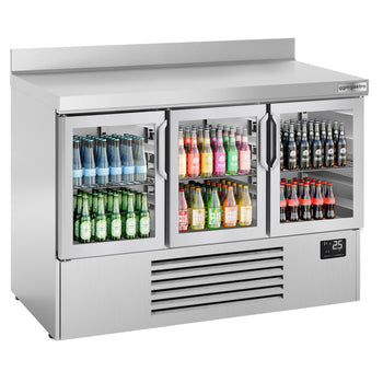 Stół chłodniczy PREMIUM PLUS - 1460x700 mm - z 3 szklanymi drzwiami & panelem tylnym - Prime Gastro