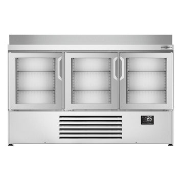 Stół chłodniczy PREMIUM PLUS - 1460x700 mm - z 3 szklanymi drzwiami & panelem tylnym - Prime Gastro