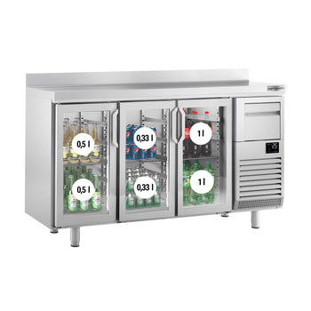 Stół chłodniczy barowy do napojów PREMIUM PLUS - 1960x600mm - z 3 szklanymi drzwiami, panelem tylnym & kołatką do kawy - Prime Gastro