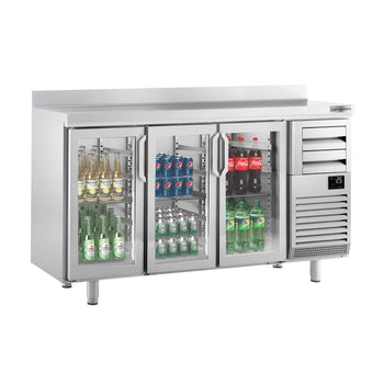 Stół chłodniczy barowy do napojów PREMIUM PLUS - 1960x600mm - z 3 szklanymi drzwiami, 2 szufladami & panelem tylnym - Prime Gastro