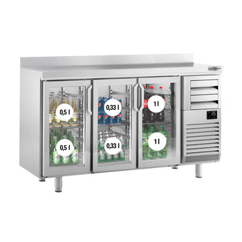 Stół chłodniczy barowy do napojów PREMIUM PLUS - 1960x600mm - z 3 szklanymi drzwiami, 2 szufladami & panelem tylnym - Prime Gastro