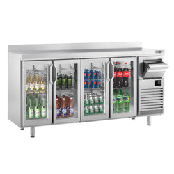 Stół chłodniczy barowy do napojów PREMIUM PLUS - 2450x600mm - z 4 szklanymi drzwiami, panelem tylnym & kołatką do kawy