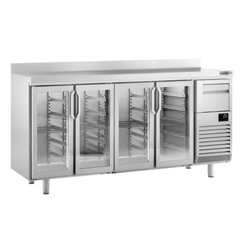 Stół chłodniczy barowy do napojów PREMIUM PLUS - 2450x600mm - z 4 szklanymi drzwiami, panelem tylnym & kołatką do kawy - Prime Gastro