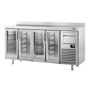 Stół chłodniczy barowy do napojów PREMIUM PLUS - 2450x600mm - z 4 szklanymi drzwiami, panelem tylnym & kołatką do kawy - Prime Gastro