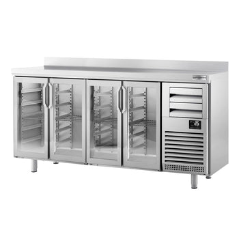 Stół chłodniczy barowy do napojów Premium PLUS - 2450x600 mm - z 4 szklanymi drzwiami, 2 szufladami & panelem tylnym - Prime Gastro