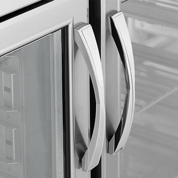 Stół chłodniczy barowy do napojów PREMIUM PLUS - 2450x600mm - z 4 szklanymi drzwiami, panelem tylnym & kołatką do kawy - Prime Gastro