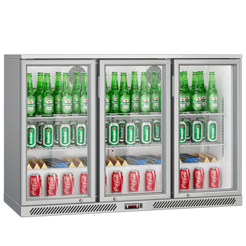 Chłodziarka barowa - 1330 mm - 320 litrów - z 3 szklanymi drzwiami na zawiasach - Szara - Prime Gastro