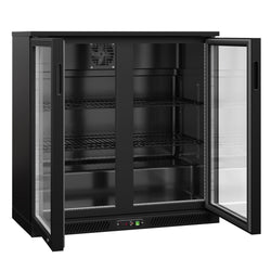 Chłodziarka barowa - 900 mm - 220 litrów - z oświetleniem LED & 2 drzwiami na zawiasach - zewnętrzna & wewnętrzna czarna