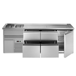 Lada barmańska PREMIUM PLUS - 2500x700mm - 1 Drzwi & 4 Szuflady - z 2 zlewami po lewej i 3 ociekaczami