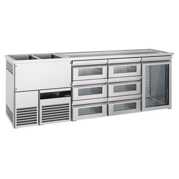 Barowy stół chłodniczy PREMIUM - 2500x700mm - 1 szklane drzwi & 6 szklanych szuflad - Prime Gastro