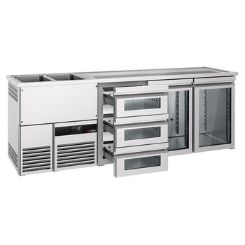 Barowy stół chłodniczy PREMIUM - 2500x700 mm - 2 szklane drzwi & 3 szklane szuflady - Prime Gastro