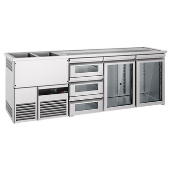 Barowy stół chłodniczy PREMIUM - 2500x700 mm - 2 szklane drzwi & 3 szklane szuflady - Prime Gastro