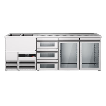 Barowy stół chłodniczy PREMIUM - 2500x700 mm - 2 szklane drzwi & 3 szklane szuflady - Prime Gastro
