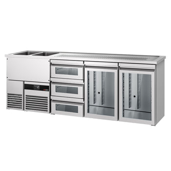 Barowy stół chłodniczy PREMIUM - 2500x700 mm - 2 szklane drzwi & 3 szklane szuflady - Prime Gastro