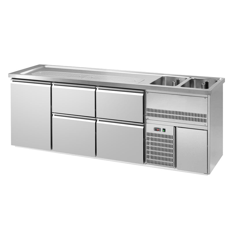 Lada barmańska PREMIUM PLUS - 2500x700mm - 1 Drzwi & 4 Szuflady - z 2 zlewami po prawej stronie