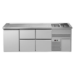 Lada barmańska PREMIUM PLUS - 2500x700mm - 1 Drzwi & 4 Szuflady - z 2 zlewami po prawej stronie