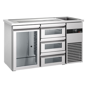 Barowy stół chłodniczy PREMIUM - 1550x700 mm - 1 szklane drzwi & 3 szklane szuflady - Prime Gastro