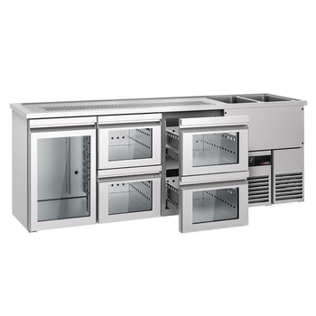 Barowy stół chłodniczy PREMIUM - 2500x700mm - 1 szklane drzwi & 4 szklane szuflady - Prime Gastro