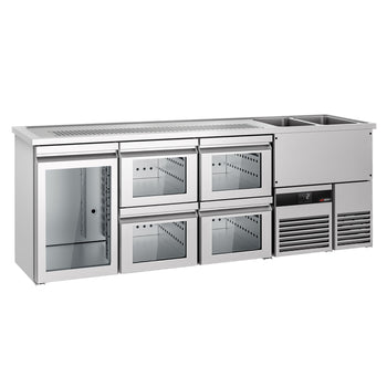 Barowy stół chłodniczy PREMIUM - 2500x700mm - 1 szklane drzwi & 4 szklane szuflady - Prime Gastro