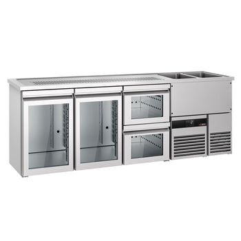 Barowy stół chłodniczy PREMIUM - 2500x700 mm - 2 szklane drzwi & 2 szklane szuflady - Prime Gastro