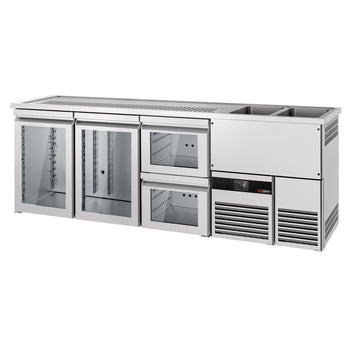Barowy stół chłodniczy PREMIUM - 2500x700 mm - 2 szklane drzwi & 2 szklane szuflady - Prime Gastro