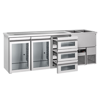 Barowy stół chłodniczy PREMIUM - 2500x700 mm - 2 szklane drzwi & 3 szklane szuflady - Prime Gastro