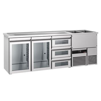 Barowy stół chłodniczy PREMIUM - 2500x700 mm - 2 szklane drzwi & 3 szklane szuflady - Prime Gastro