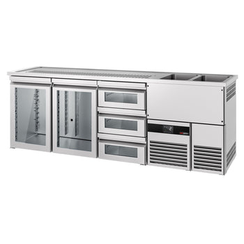 Barowy stół chłodniczy PREMIUM - 2500x700 mm - 2 szklane drzwi & 3 szklane szuflady - Prime Gastro