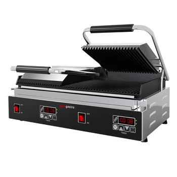 Grill kontaktowy - 3,6 kW - Cyfrowy - Ryflowana górna i dolna część - Powierzchnia grilla: 480x230 mm - Prime Gastro