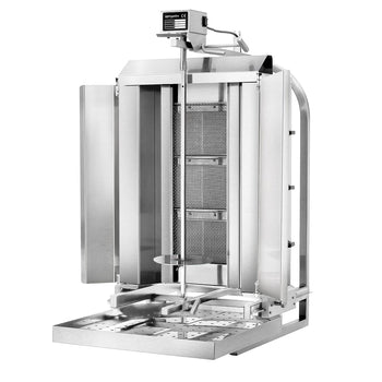 Grill gazowy do gyrosa/kebaba - mobilny - 3 palniki - maks. 40 kg - włącznie z 2 blachami ochronnymi & 2 drzwiczkami na zawiasach - Prime Gastro