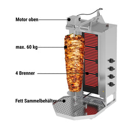 Elektryczny grill do gyrosa/kebaba - 4 palniki - maks. 60 kg - z drzwiami na zawiasach