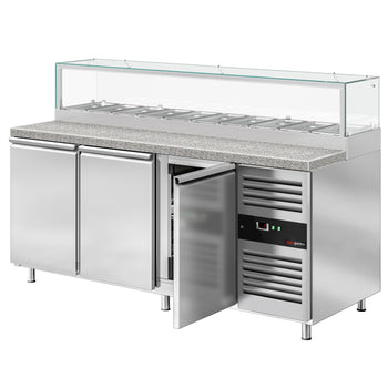 Stół Sałatkowy PREMIUM - 2020mm - 3 drzwi - dla 10x GN 1/3 - szklana nadstawka - oświetlenie LED - Prime Gastro