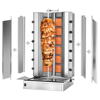 Grill gazowy do gyrosa/kebaba - kształt V - 6+6 palników - maks. 150 kg - włącznie z 2 blachami ochronnymi & 2 drzwiami na zawiasach - Prime Gastro