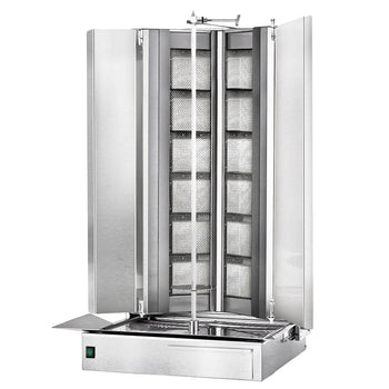 Grill gazowy do gyrosa/kebaba - kształt V - 6+6 palników - maks. 150 kg - włącznie z 2 blachami ochronnymi & 2 drzwiami na zawiasach - Prime Gastro