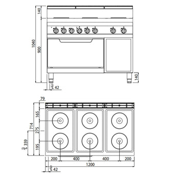 Kuchenka elektryczna - 15,6 kW - 6 płyt okrągłych - z piekarnikiem elektrycznym statycznym - 7,5 kW - Prime Gastro