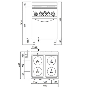 Kuchenka elektryczna - 8 kW - 4 płyty okrągłe - z elektrycznym piekarnikiem konwekcyjnym - 3 kW - Prime Gastro