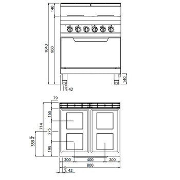 Kuchenka elektryczna - 10,4 kW - 4 płyty kwadratowe - z piekarnikiem elektrycznym statycznym - 7,5 kW - Prime Gastro