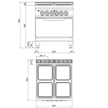 Elektryczna Kuchenka - 14 kW - 4 Płyty kwadratowe- włącznie z piekarnikiem elektrycznym statycznym - 7,5 kW - Prime Gastro