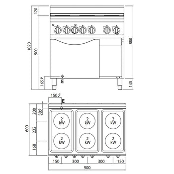 Kuchenka elektryczna - 12 kW - 6 płyt okrągłych - z elektrycznym piekarnikiem konwekcyjnym - 3 kW - Prime Gastro