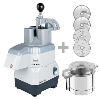 Elektryczna kompaktowa krajalnica do warzyw - 735 W - włącznie z 4 tarczami do krojenia/tarcia i nasadką do cięcia - składana pokrywa - Prime Gastro