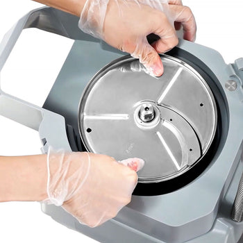 Elektryczna kompaktowa krajalnica do warzyw - 735 W - włącznie z 4 tarczami do krojenia/tarcia - pokrywa na zawiasach - Prime Gastro