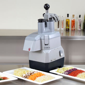 Elektryczna kompaktowa krajalnica do warzyw - 735 W - włącznie z 4 tarczami do krojenia/tarcia - pokrywa na zawiasach - Prime Gastro