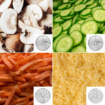 Elektryczna kompaktowa krajalnica do warzyw - 735 W - włącznie z 4 tarczami do krojenia/tarcia i przystawką do krojenia - Prime Gastro