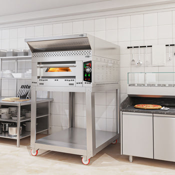 Gazowy piec do pizzy - 6 x 34 cm - Manualny - włącznie z okapem, ramą podstawy & zestawem kółek - Prime Gastro