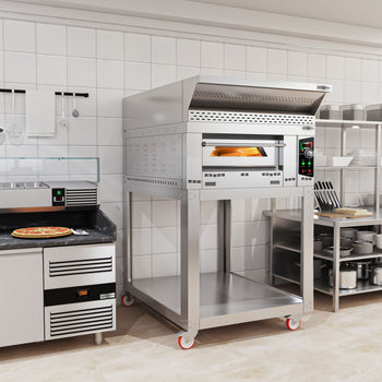 Gazowy piec do pizzy - 6 x 34 cm - Manualny - włącznie z okapem, ramą podstawy & zestawem kółek - Prime Gastro