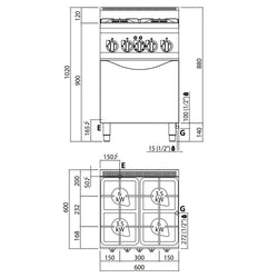 Kuchenka gazowa - 19 kW - 4 palnikowa - z elektrycznym piekarnikiem konwekcyjnym - 3 kW