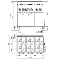 Kuchenka gazowa - 28,5 kW - 6 palnikowa - z elektrycznym piekarnikiem konwekcyjnym - 3 kW
